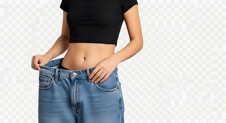 Celebrate a successful weight loss journey! This visual powerfully conveys the rewarding feeling of fitting into smaller clothes, inspiring health and fitness goals. Transparent background of sexy