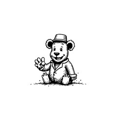 Illustration of a cute teddy bear wearing hat and suit sitting and waving with a smile