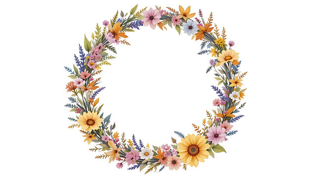 Watercolor Hand Drawn Wildflower Wreath with Sunflowers and Lavender, Transparent Background PNG for Wedding Invitations and Summer Designs.