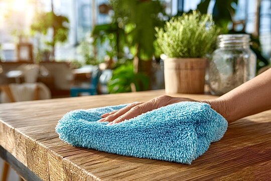 Waiter cleaning wooden table with blue cloth in restaurant - Powered by Adobe