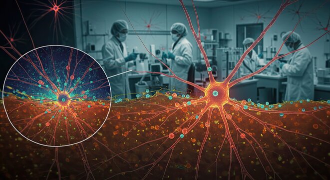 Scientists meticulously research neural pathways and brain function in a cutting-edge laboratory, visualizing neuron activity and cellular processes for medical advancement.