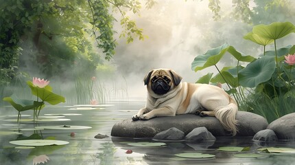Pug Dog Resting by Pond with Lilypads and Waterlilies