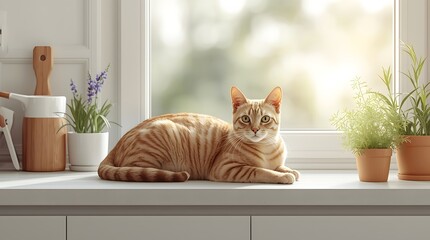 Golden Cat in Window sill