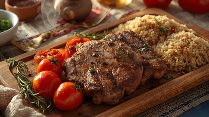 Sizzling Grilled Meat with Veggie Skewers and Rice