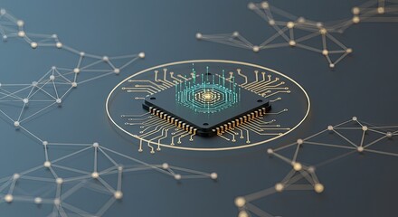A futuristic microchip with glowing circuits and interconnected nodes, representing advanced technology and artificial intelligence.