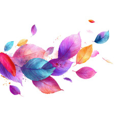 A vibrant watercolor illustration of colorful leaves in motion, creating a dynamic and artistic composition