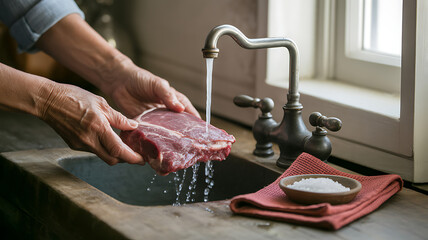 A close-up shot of a person's hands washing a raw piece of meat under a kitchen faucet.