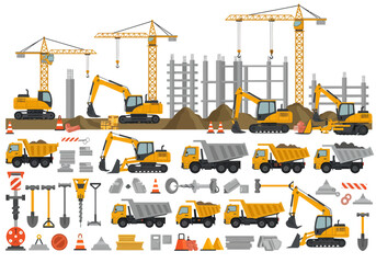 Construction site scene with cranes excavators dump trucks tools concrete structures and various constructionrelated objects