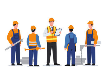Five construction workers one taking notes wear hard hats and safety gear against a white backdrop