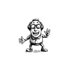 Cartoon character with glasses and headphones enjoys music and waves hello to viewers animation