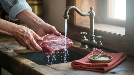 A close-up shot of a person's hands washing a raw piece of meat under a kitchen faucet.