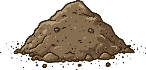 A stylized illustration of a pile of brown soil with small pebbles and dirt scattered around it on a white background