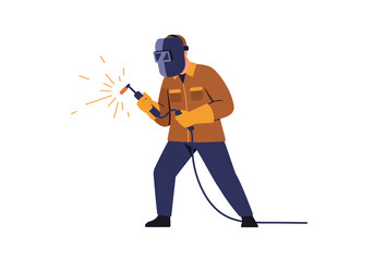 Welder in protective gear welding Sparks fly from the tool