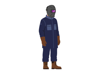 Welder in coveralls gloves  boots face obscured by mask