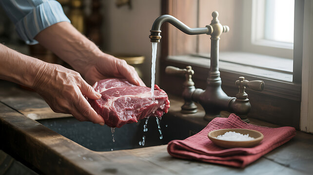 A close-up shot of a person's hands washing a raw piece of meat under a kitchen faucet. - Powered by Adobe
