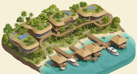 Artistic rendition of a tropical island resort, featuring overwater bungalows