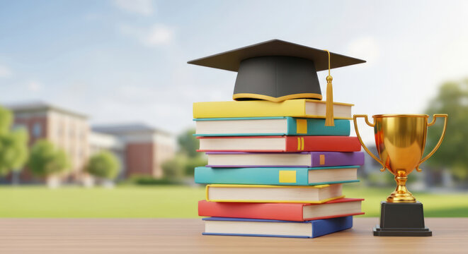 Graduation cap and books on a table with a blurred university background.
