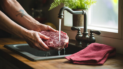 A close-up shot of a person's hands washing a raw piece of meat under a kitchen faucet.