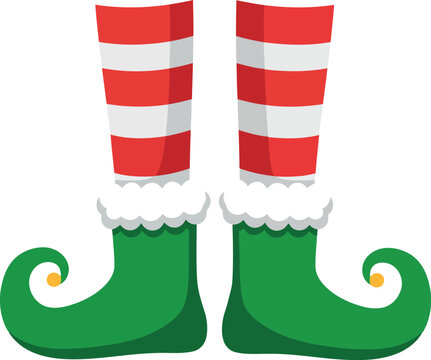 Whimsical christmas elf legs with green curled shoes and red and white striped stockings isolated on white background