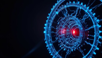 A complex, circular design, composed of interwoven lines and glowing blue and red elements, creates a captivating visual effect.