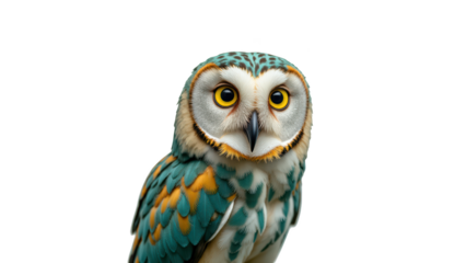 Vibrant owl with striking turquoise and orange feathers, large expressive eyes, and curious expression, perched against transparency background
