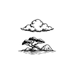Serene japanese landscape sketch featuring a cloud above a tree on a small island silhouette artwork