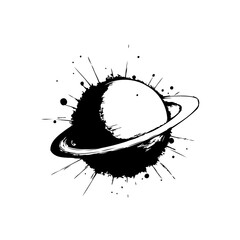 Saturn ink vector illustration displaying celestial body and planetary ring systems in monochrome drawing with splattered detail © Arum