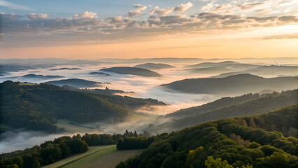 Ultra wide aerial of rolling hills with inversion clouds