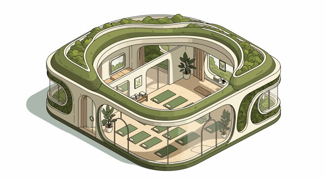 Eco-Friendly Yoga Studio Isometric Design with Green Roof and Nature Integration