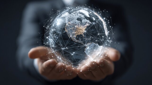 Glowing digital globe in hands, depicting networks over continents, dark background