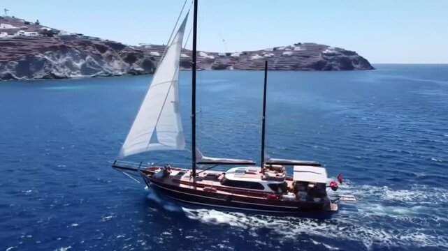 A majestic two-masted sailboat glides swiftly across the deep blue sea, its white sail catching the wind as it leaves a foamy wake, with a distant coastline in the background.