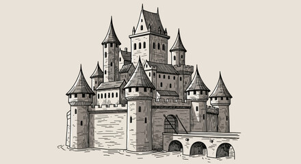 Obraz premium Ink Sketch of a Majestic Castle with Towering Structures and Grand Architecture