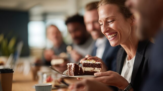 Joyful woman savoring a slice of cake during a company gathering, fostering camaraderie and boosting team morale