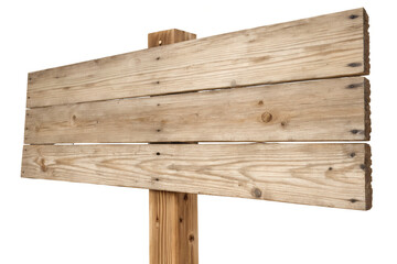 Fototapeta premium Weathered rustic blank wooden sign with three horizontal planks on a post, isolated on a white background
