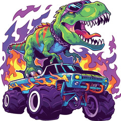 Roaring Raptor Ride: A fierce Tyrannosaurus Rex, donning cool shades and a chain, takes the wheel of a vibrant monster truck, blazing through a fiery trail.