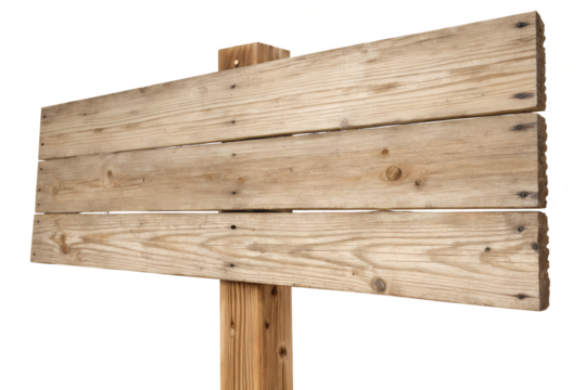 Weathered rustic blank wooden sign with three horizontal planks on a post, isolated on a white background