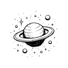 Whimsical planet illustration with ring system floating in a star studded cosmic background design © Arum