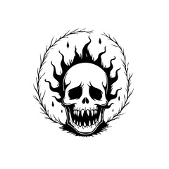 Skull illustration featuring flames and twigs to depict mortality and gothic symbolism, a dark art concept