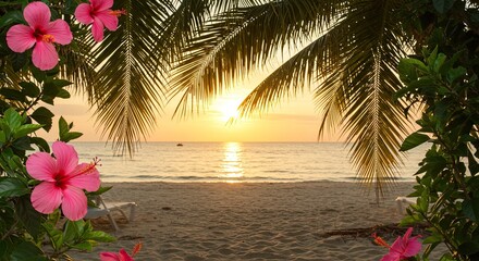 Serene tropical beach sunset framed by vibrant hibiscus flowers and lush palm leaves, inviting tranquil relaxation and exotic getaways