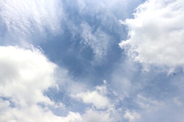 Bright blue sky with soft, fluffy white clouds drifting peacefully, creating a serene and refreshing view of nature’s beauty. Suitable for nature and simple background.