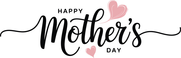 Happy Mothers Day Calligraphy Vector, Stylish Lettering with Pink Heart Decorations