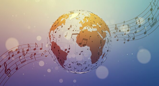 Embrace the universal language of music as a vibrant globe pulses with global melodies and rhythmic notes, inspiring creativity and connection worldwide.