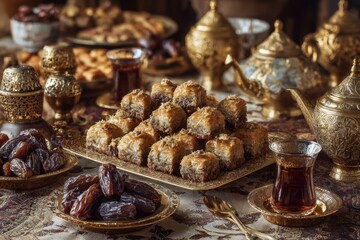 Exquisite spread of Middle Eastern sweets and tea, ready to be served