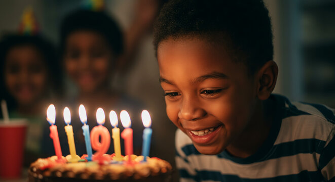 African-American boy blowing birthday candles