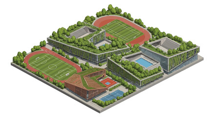 Isometric rendering of a modern eco-friendly sports complex with green rooftops