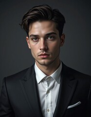 A poised young man in formal attire gazes intensely, showcasing a sophisticated look against a dark background.