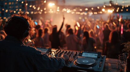 DJ at a lively outdoor music festival with a crowd in the background