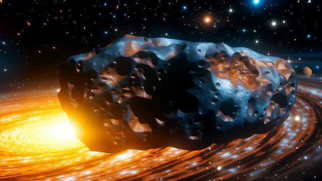 Rocky asteroid floating near luminous orange galactic disk with swirling patterns, surrounded by starry cosmic background featuring multiple galaxies and planets.
