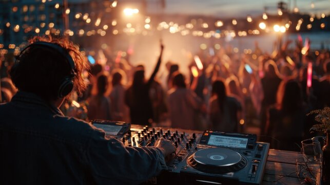 DJ at a lively outdoor music festival with a crowd in the background