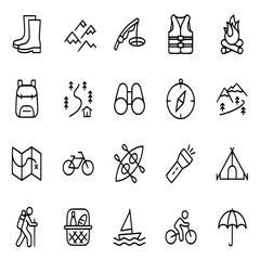 Outdoor Recreation Vector Icon Set  Adjustable Line Weight  Hiking, camping, fishing, kayaking, biking, mountains, compass, picnic, tent, backpack, adventure, exploring, leisure icons